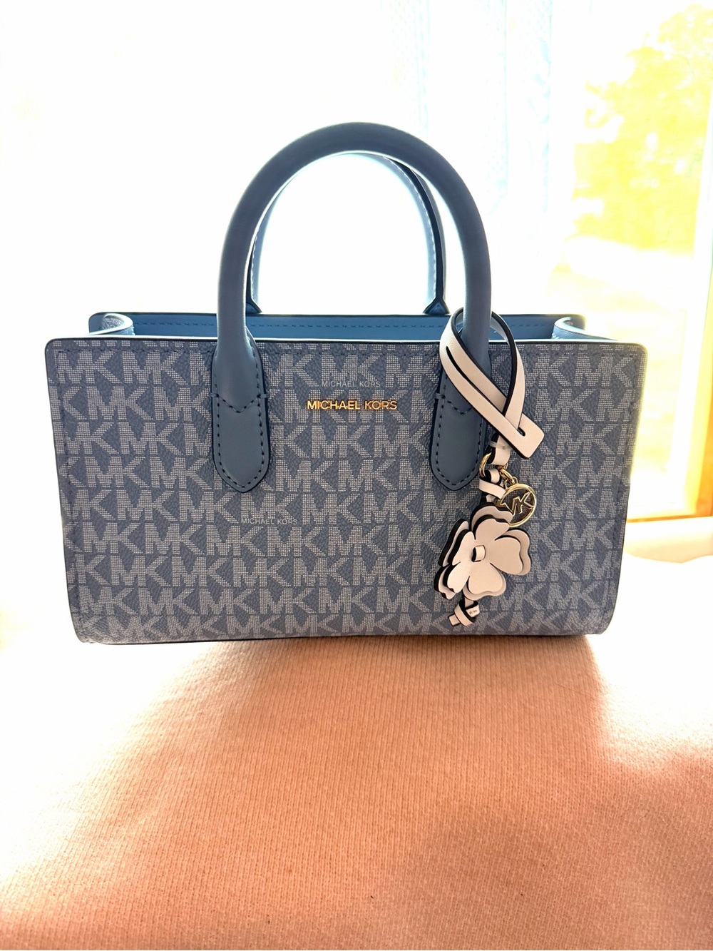 Michael Kors Light Blue MK Logo Satchel with Flower Charm